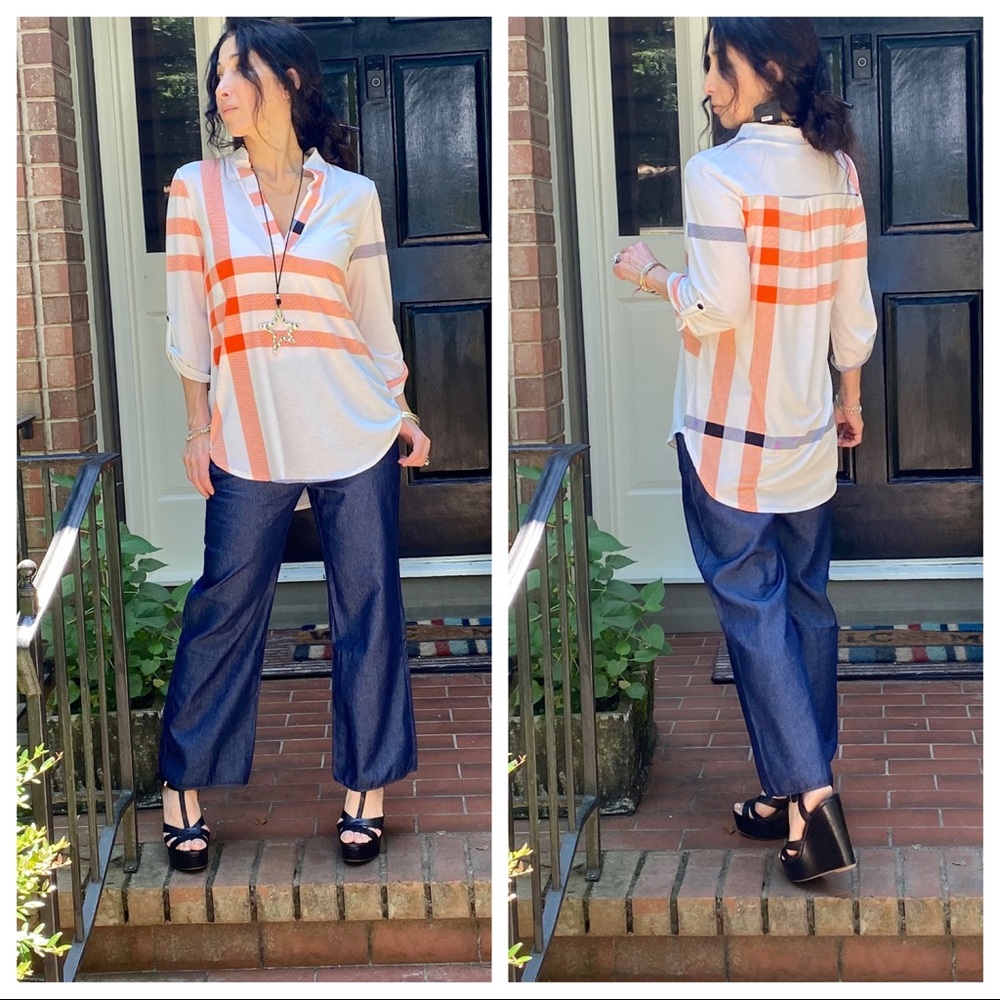 Beige inspired plaid rolled sleeves tunic top - Picture 2 of 16